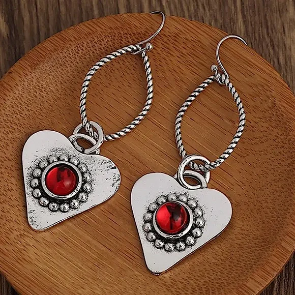 Silver Heart Boho Dangle Earrings - Picture 2 of 6